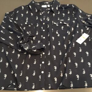 Kim Roger's sz 3X curvy navy seahorse blouse NWT